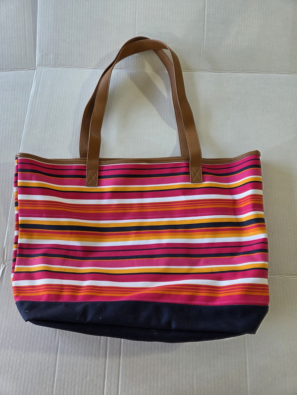 Striped Pink & Multicolor Canvas Tote Bag with Brown Handles